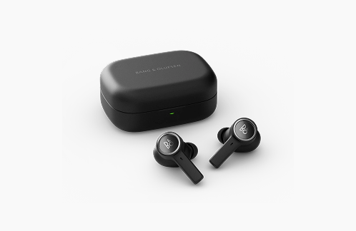 Black wireless earbuds with charging case by Bang & Olufsen