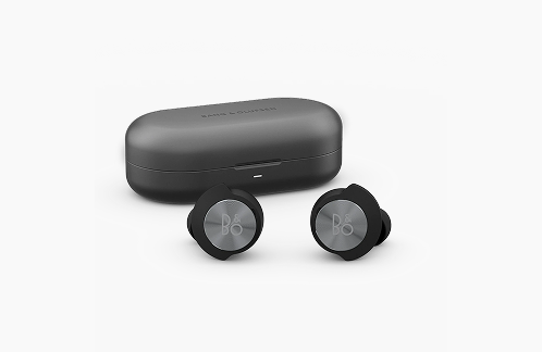 B&O black Bluetooth earbuds with round touch surface and charging case